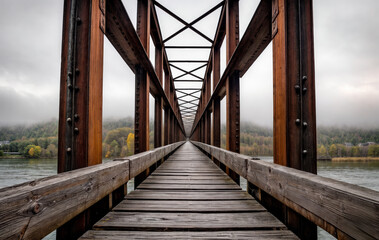 Canvas Print - wooden bridge over the river created with Generative AI technology