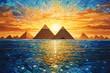 a painting of pyramids in the water