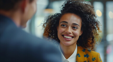 Wall Mural - Young, corporate business and woman in an interview or meeting for job, career or promotion. Confident, African American and female professional smiling for new position, recruitment and work