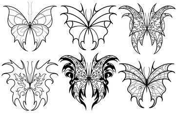 Set of elements Neo tribal tattoo butterfly shape modern acid graphic design clip art gothic flame emo goth 2000s Aesthetic style y2k wings ink black and white agressive line graphic ornamental doodle