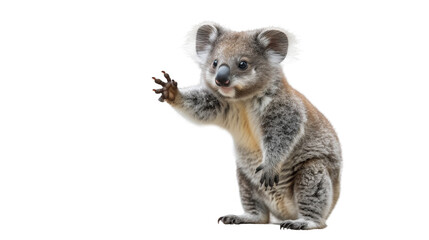  This adorable koala bear stands out against a white background, with its paw extended in a sweet, welcoming gesture