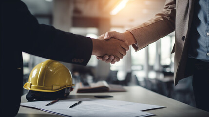 A businessman and an engineer shaking hands, symbolizing collaboration and partnership between business and technical expertise.