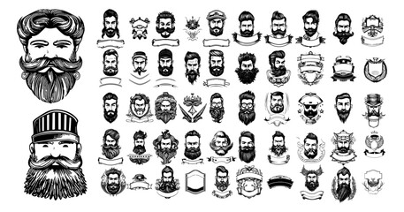 Wall Mural - barber logos, stylish bearded and mustachioed men. barbershop vintage retro emblems, barbershops bla