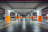 Fototapeta  - Empty shopping mall underground parking lot or garage interior with concrete stripe painted columns,