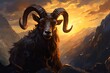 a ram with horns sitting on a rock