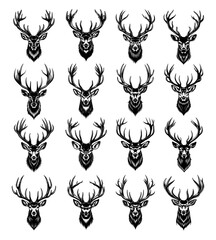 Canvas Print - Deer heads, black and white graphics in linear style, vector collection. Animal avatars, with horns, in grayscale design, artiodactyl forest creatures, herbivores. Isolated set on white background