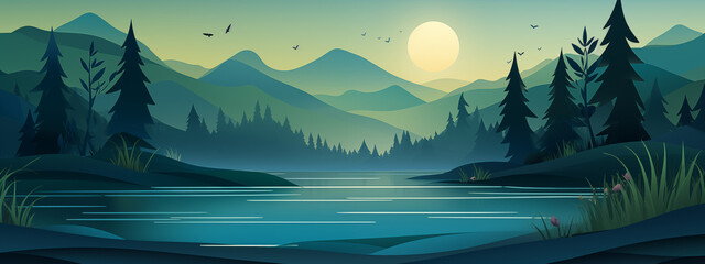 Wall Mural - Tranquil Lake at Dusk with Birds in Flight