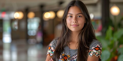 Native American teenager confidently returning to school for the new academic year. Concept School Spirit, Native Pride, Back to School, Confidence Boost, Academic Motivation