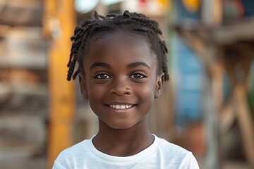 Poster - Happy young African American boy enjoying nature, radiating joy and innocence.