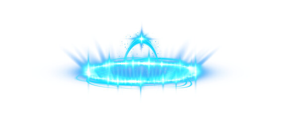 Three dimensional shiny blue nimbus. Blue halo angel ring. Light realistic halo, angel ring, Saint aureole symbol.  Magic fantasy portal. Futuristic teleport. Light effect. PNG.