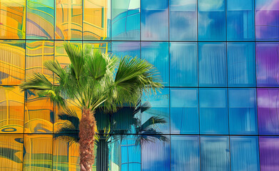 Wall Mural - Urban Oasis: Glass Building and Palm Tree Reflection