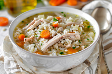 Wall Mural - Warm and steaming chicken broth with vegetables and chunks of meat. With rice or noodles . AI generative.