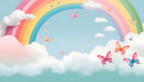 Fototapeta  - Kids friendly background banner illustration, colorful rainbow and clouds with grass landscape, butterflies flying around. 