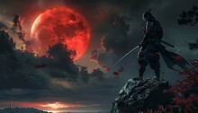 Samurai Silhouette A Red Moon Rising Generative AI