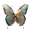 A bright butterfly with translucent wings and gold inserts, isolated on a transparent background, top view