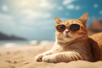 Wall Mural - Portrait of funny cat wearing sunglasses resting on sandy beach in a sunny day with coconut leaves on the background