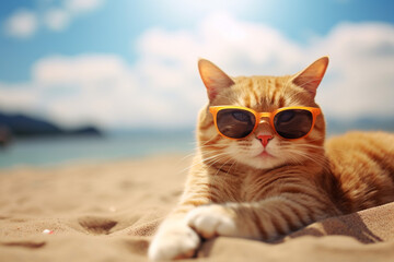 Wall Mural - Portrait of funny cat wearing sunglasses resting on sandy beach in a sunny day with coconut leaves on the background