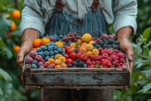 Farmer Holding A Crate Of Fresh Mixed Fruits, Organic, Harvest, Agriculture, Variety, Healthy Food.