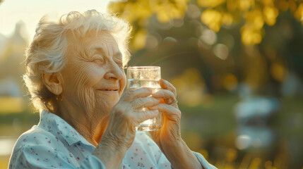 Wall Mural - Old elderly woman enjoying a glass of water to hydrate herself with fresh air of a park on summer