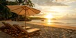 sun lounger and umbrella on the seashore at sunset Generative AI