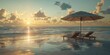 sun lounger and umbrella on the seashore at sunset Generative AI