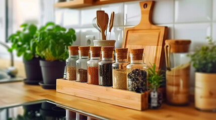 Wall Mural - Countertop Spice Rack KItchen Indoor Interior. Kitchenware Utensils on Wooden Strip Indoors. Cooking Stove Surface New Home Design Contemporary Apartment. 