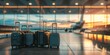 suitcases in the terminal against the background of an airplane Generative AI
