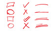 Hand drawn check mark and brush lines, red marker, check mark, underline stroke. Vector illustration hand drawn circles, underlines, check marks collection