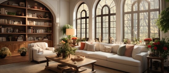 Wall Mural - The living room is filled with various pieces of furniture, including a sofa, coffee table, armchairs, and a bookshelf. Multiple large arched windows allow plenty of natural light to illuminate the