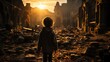 Child facing the remnants of a once thriving city at sunset, hope resonating in the silence