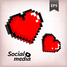 Heart Icon In Pixel Style, Vector Illustration Isolated. 8bit Retro Game. Red Pixel Logo With Black Frame, Abstract Reflection, Digital Image. Use For, Social Media, Flyers, Banner, Sticker.