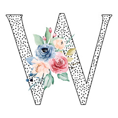 Wall Mural - Letter W with watercolor flowers and leaf. Monogram initial, letterhead perfectly for wedding invitations, greeting card, logo, poster and other design. Hand drawing.