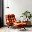Leather tufted recliner chair against white wall with copy space. Scandinavian home interior design of modern living room.
