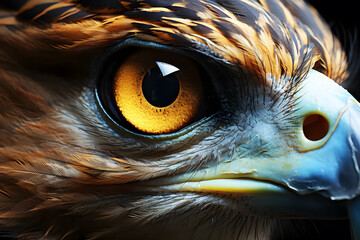 Eagle eye or hawk eye close-up, bird eye macro photo , eye of male Northern Harrier frightening yellow-black color. Realistic clipart template pattern.	