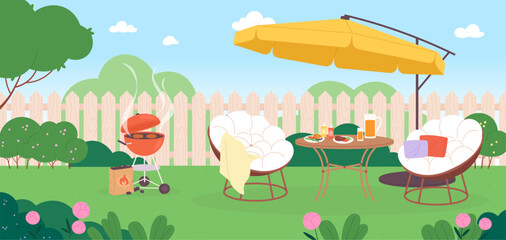 Summer bbq in garden. Chairs on backyard, food on table. Resting on nature with grill or barbecue. Relaxing summer or spring time, racy vector scene