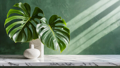 Wall Mural - Minimal, modern white marble stone counter table, tropical monstera plant tree in sunlight on green wall background for luxury fresh organic cosmetic, skin care, beauty treatment product display 3D