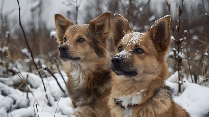 Wall Mural - Two Icelandic Sheepdogs in Snowy Weather