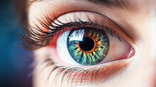 A Close-up Image Of A Human Eye With Vibrant, Multicolored Iris Patterns And Visible Eyelashes. The Skin Tone Surrounding The Eye Cannot Be Precisely Determined Due To Tight Framing