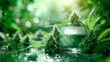 Green Cannabis background with glass jar and buds