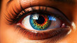 Close-up of a human eye with a blue and yellow iris, surrounded by colorful eye shadow and long eyelashes, the skin has a warm and dark tone