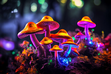 Wall Mural - Colorful generative ai collage of bright glossy mushrooms in night magical woods