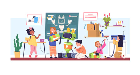 Wall Mural - children assemble robots. kids create robot, child engineering school project mechanic robotic lab d