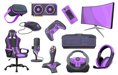 Wall Mural - Gamer accessories. Professional gaming equipment game streaming set, videogame isolated tools headset keyboard mouse display mic chair pc hardware device neat vector illustration