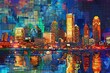 Colorful Urban Energy: Detailed Mosaic-style Skyline Alive with Bright Hues and Motion