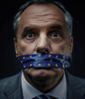 © J S - Freedom of speech replaced with censorship in Europe after hate speech law - scared man's mouth closed with European Union tape