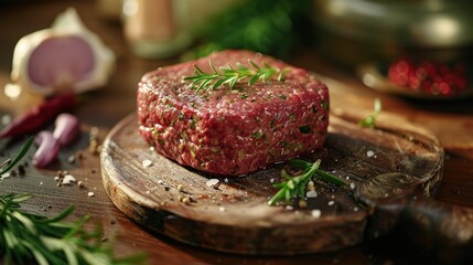 Wall Mural - Raw meatloaf on a wooden plate, ready for barbecue.