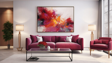 Wall Mural - Chic Living Room Decor with a Burst of Red and Orange Abstract Painting Above a Velvet Sofa