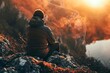 A hiker takes a moment to relax and appreciate the fiery sunset while sitting on a rock, wearing outdoor clothing and feeling the heat of the mountain beneath them