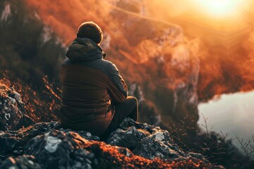 a hiker takes a moment to relax and appreciate the fiery sunset while sitting on a rock, wearing out