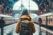 A stylish woman patiently waits for her train at the bustling station, dressed in a fashionable jacket and carrying a backpack for her city adventure
